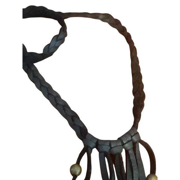 Marfa Black Braided Leather Choker Collar Necklace Fringe Beads Slide Adj NWT - Picture 3 of 5